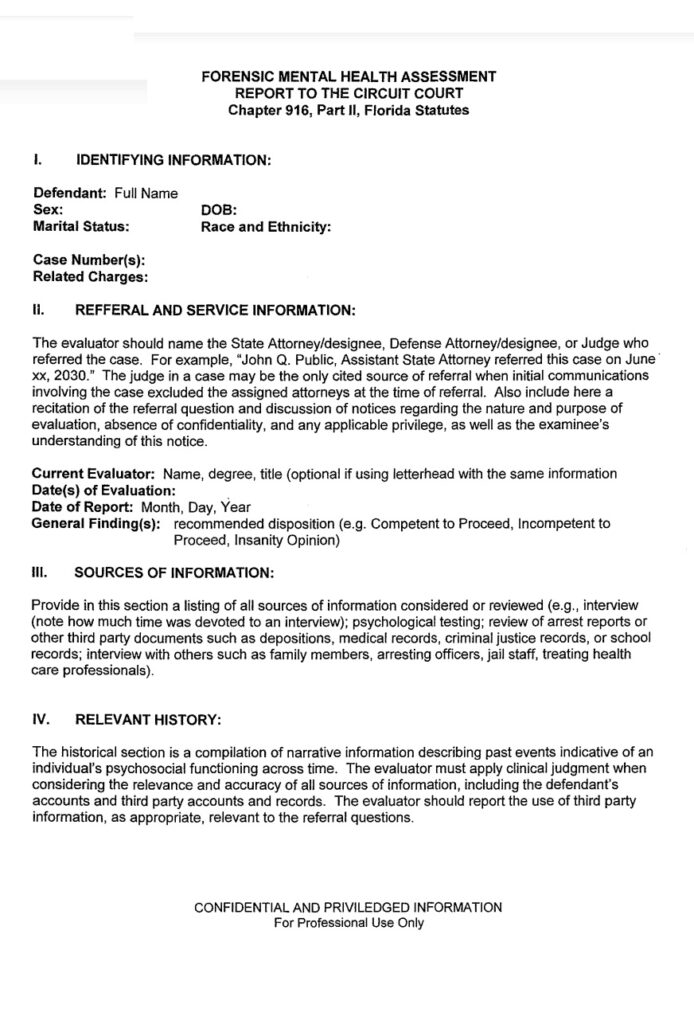 Forensic Health Assessment Report Example