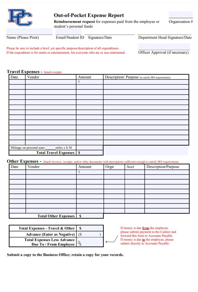 Out of Pocket Expense Report Example