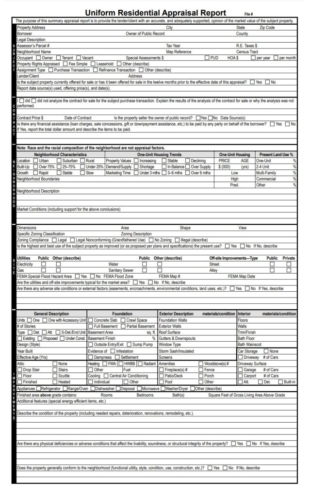 Uniform Residential Appraisal Report Template