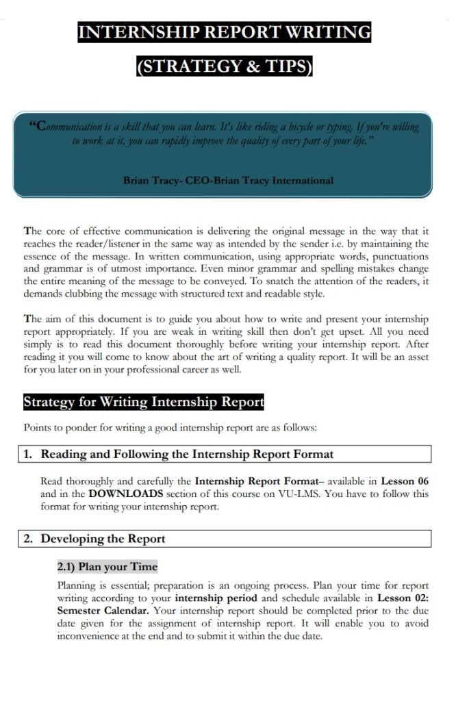Internship Report Writing Example