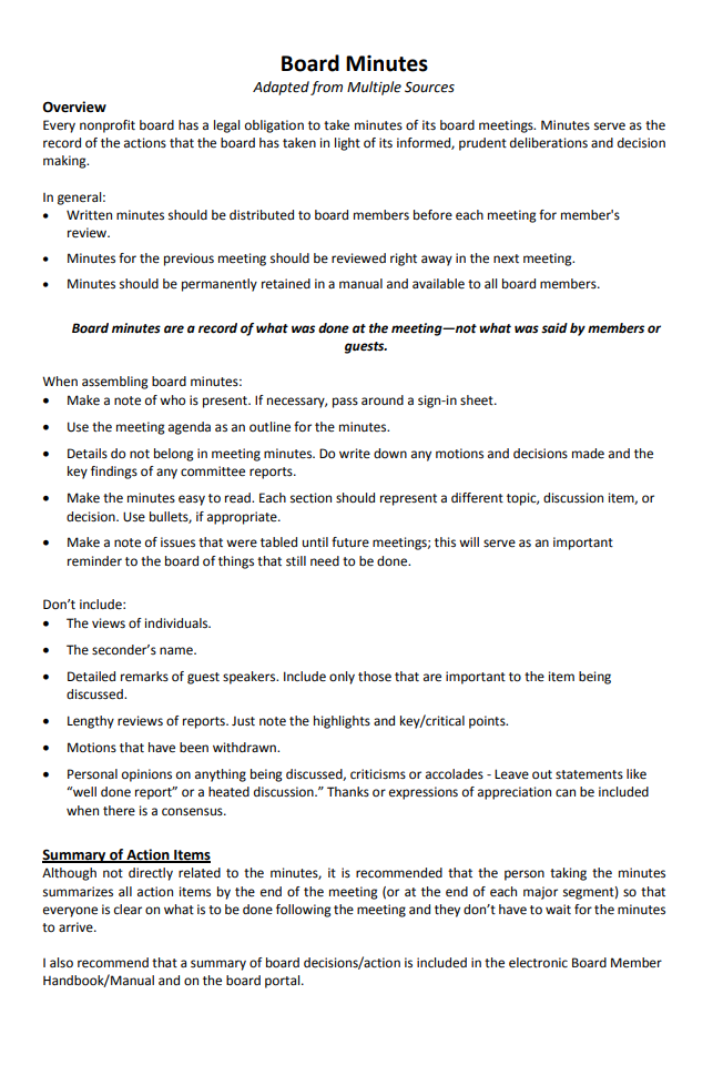 Board Meeting Minutes Report Example