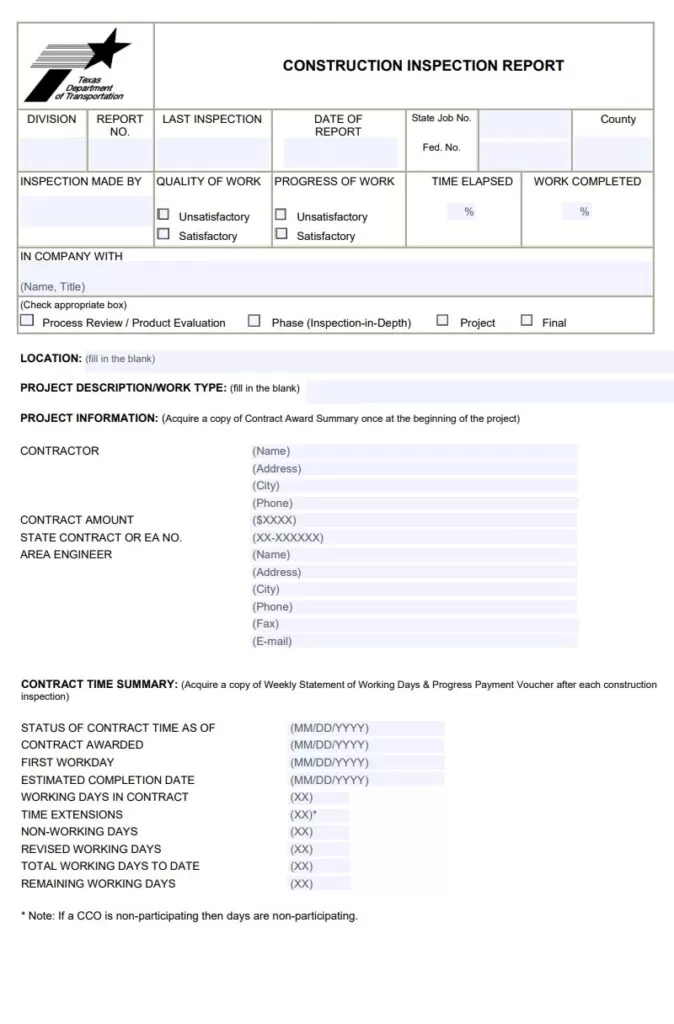 Construction Inspection Report Example