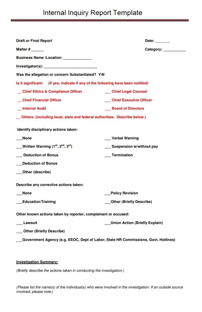 Internal Inquiry Report Example