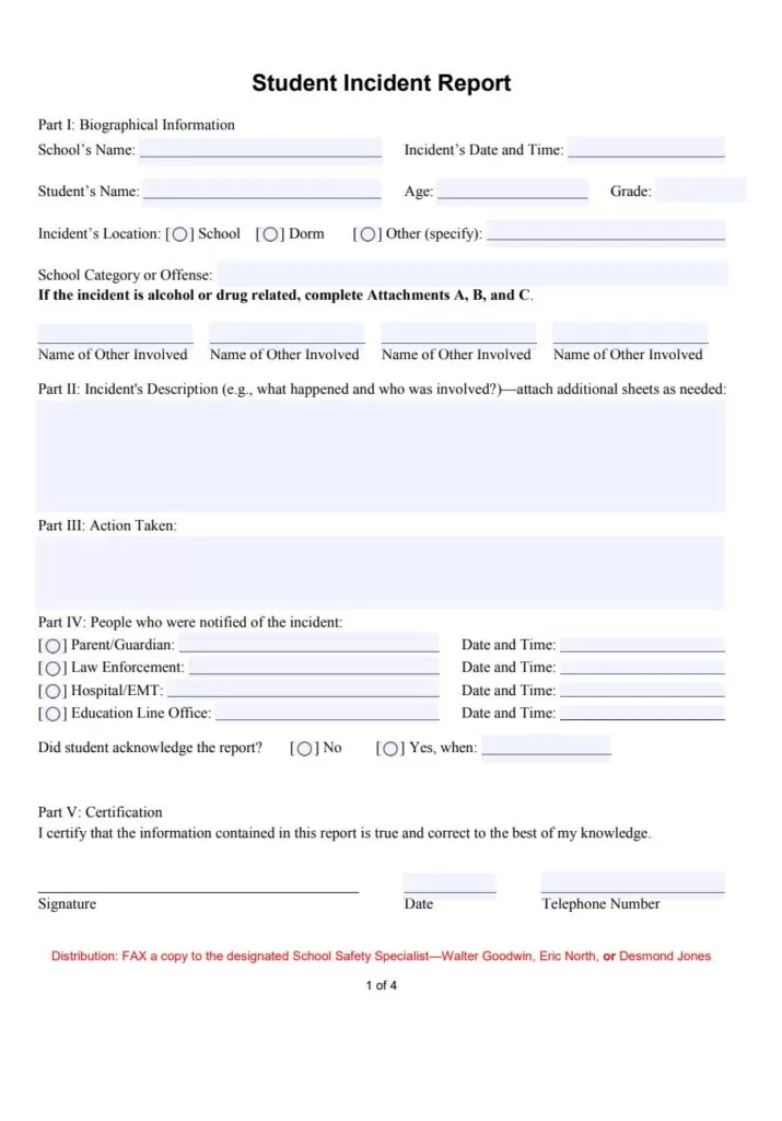 Student Incident Report Example